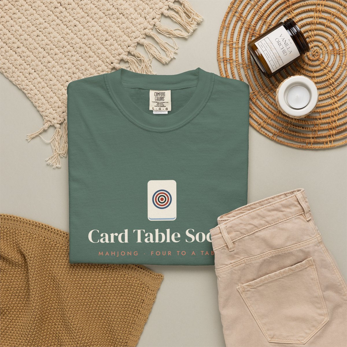 Card Table Social Tee in Blue Spruce, fabric and print detail
