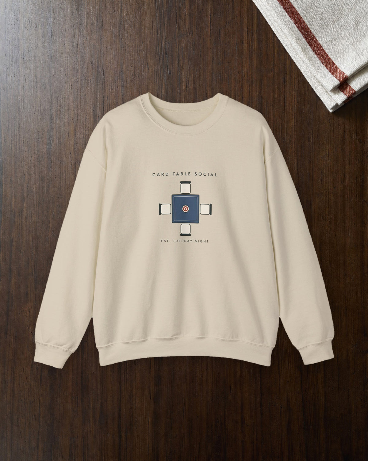 Card Table Crest Crewneck in Sand, styled