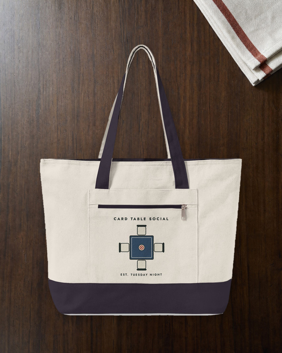 Card Table Crest Mahj Bag in Natural/Navy, styled