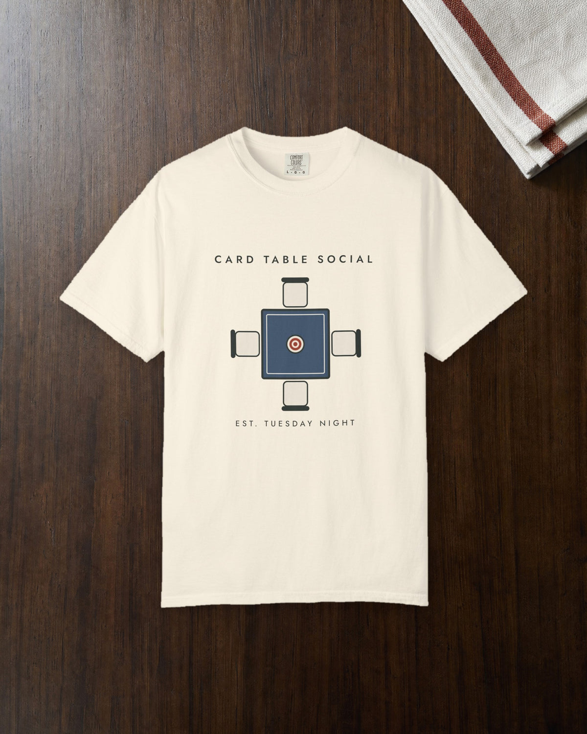Card Table Crest Tee in Ivory, styled