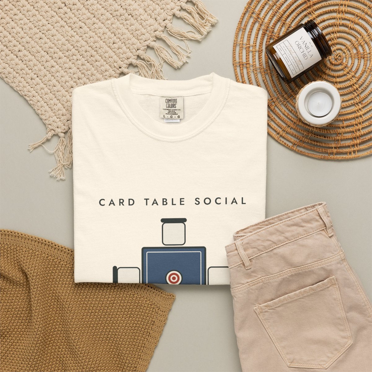Card Table Crest Tee in Ivory, fabric and print detail