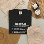 Club Rules Tee in Black, fabric and print detail