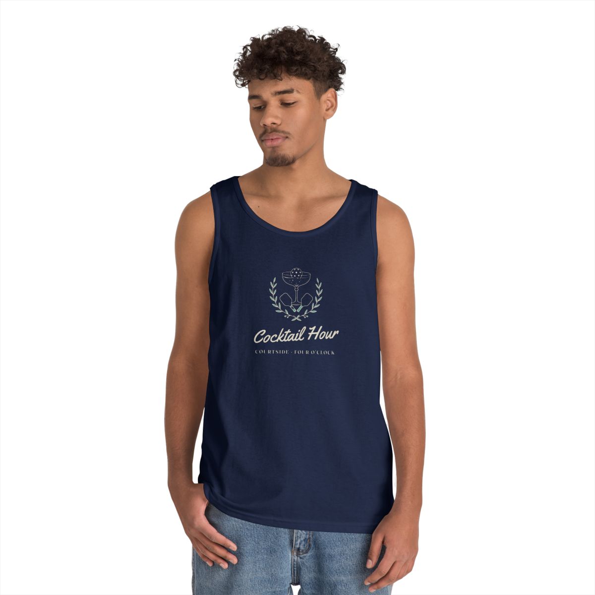 Cocktail Hour Coupe Tank in Navy, on model