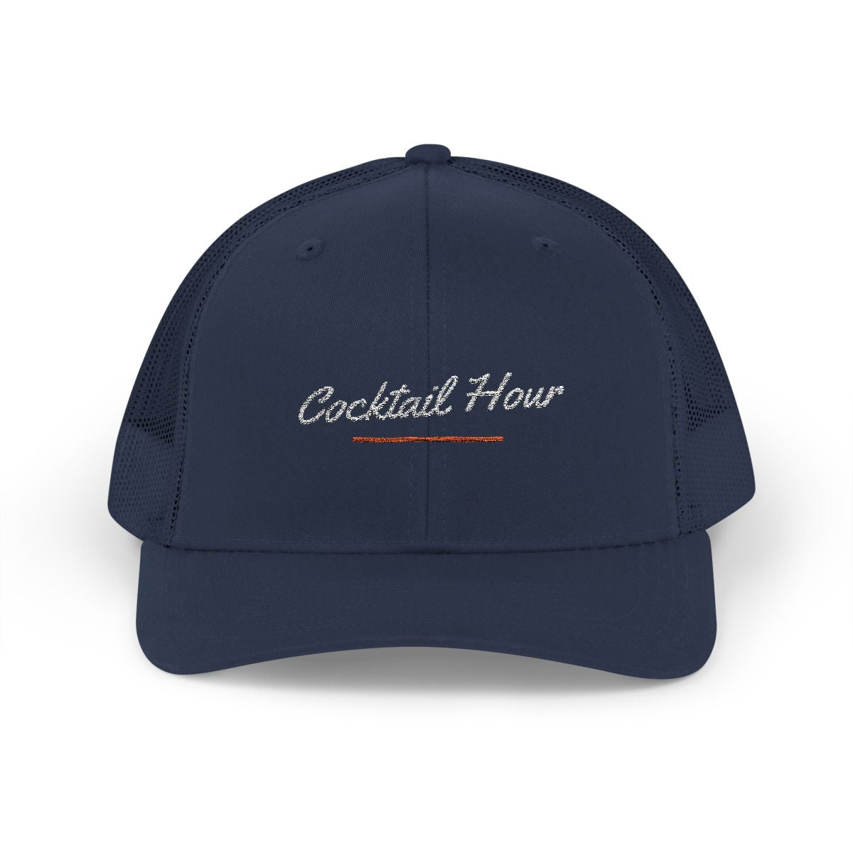 Cocktail Hour Trucker Hat in Navy, front view