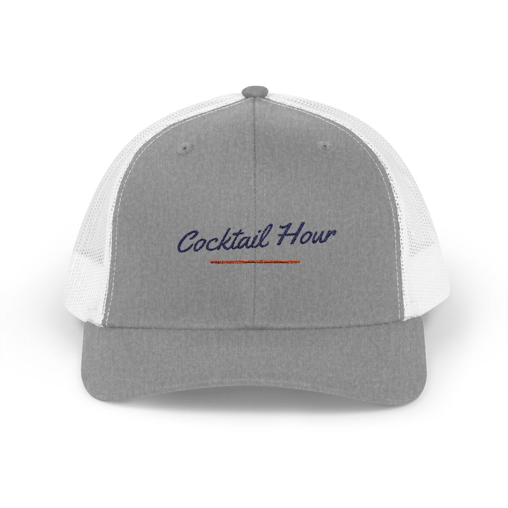Cocktail Hour Trucker Hat in Heather Grey / White, front view