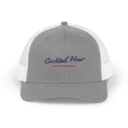 Cocktail Hour Trucker Hat in Heather Grey / White, front view