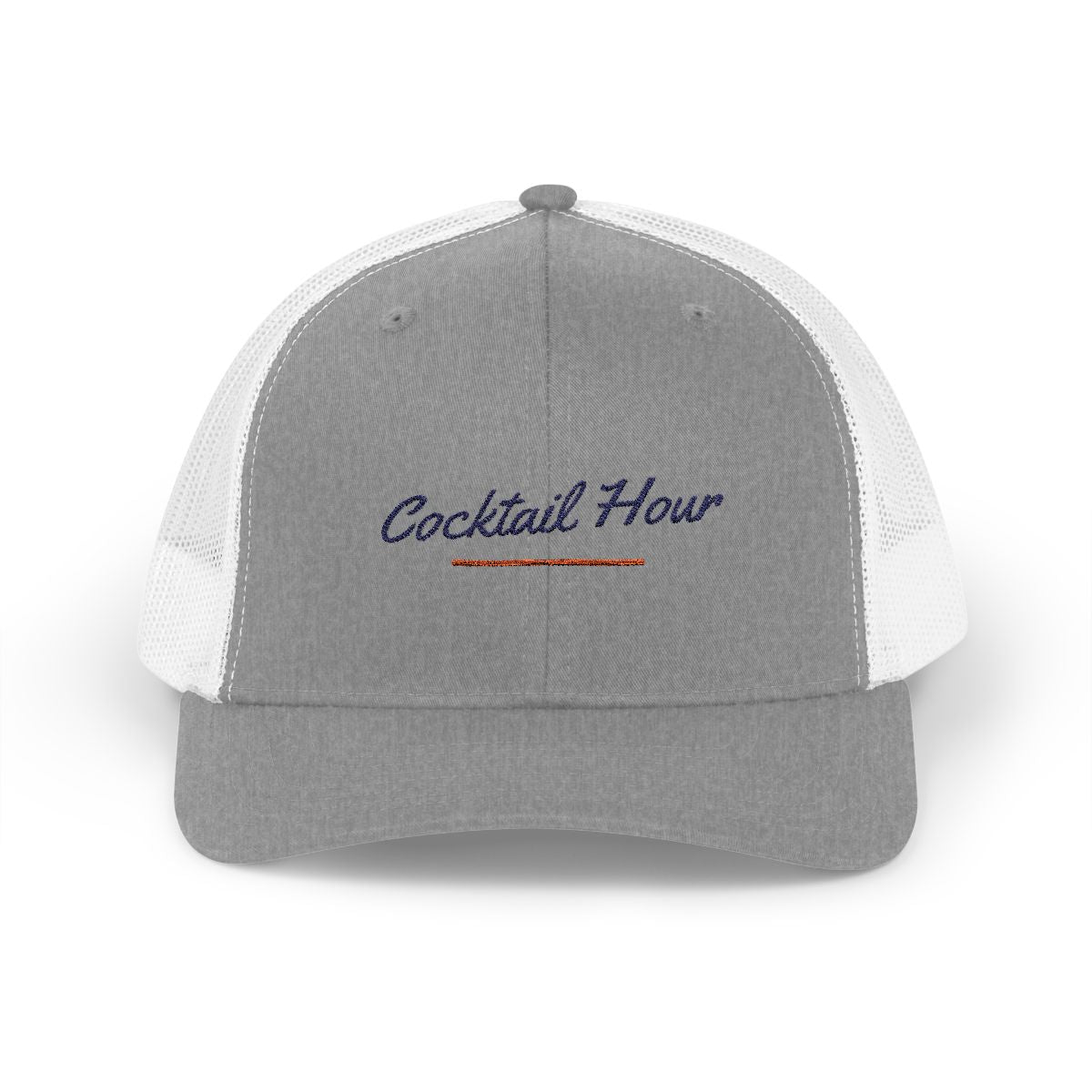 Cocktail Hour Trucker Hat in Heather Grey / White, front view