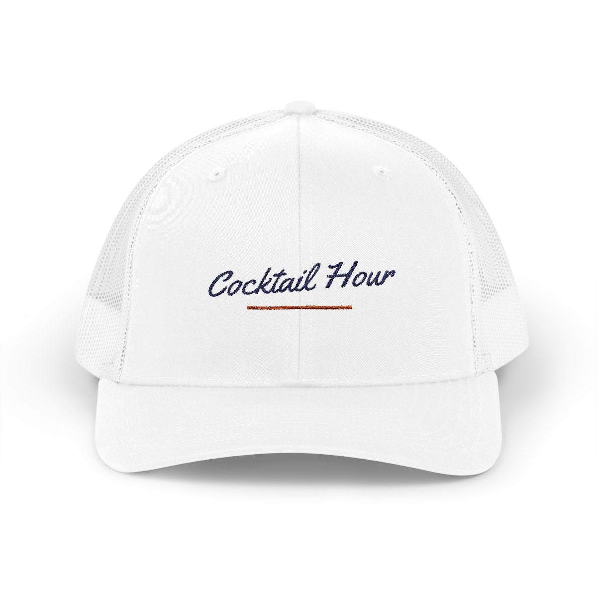 Cocktail Hour Trucker Hat in White, front view