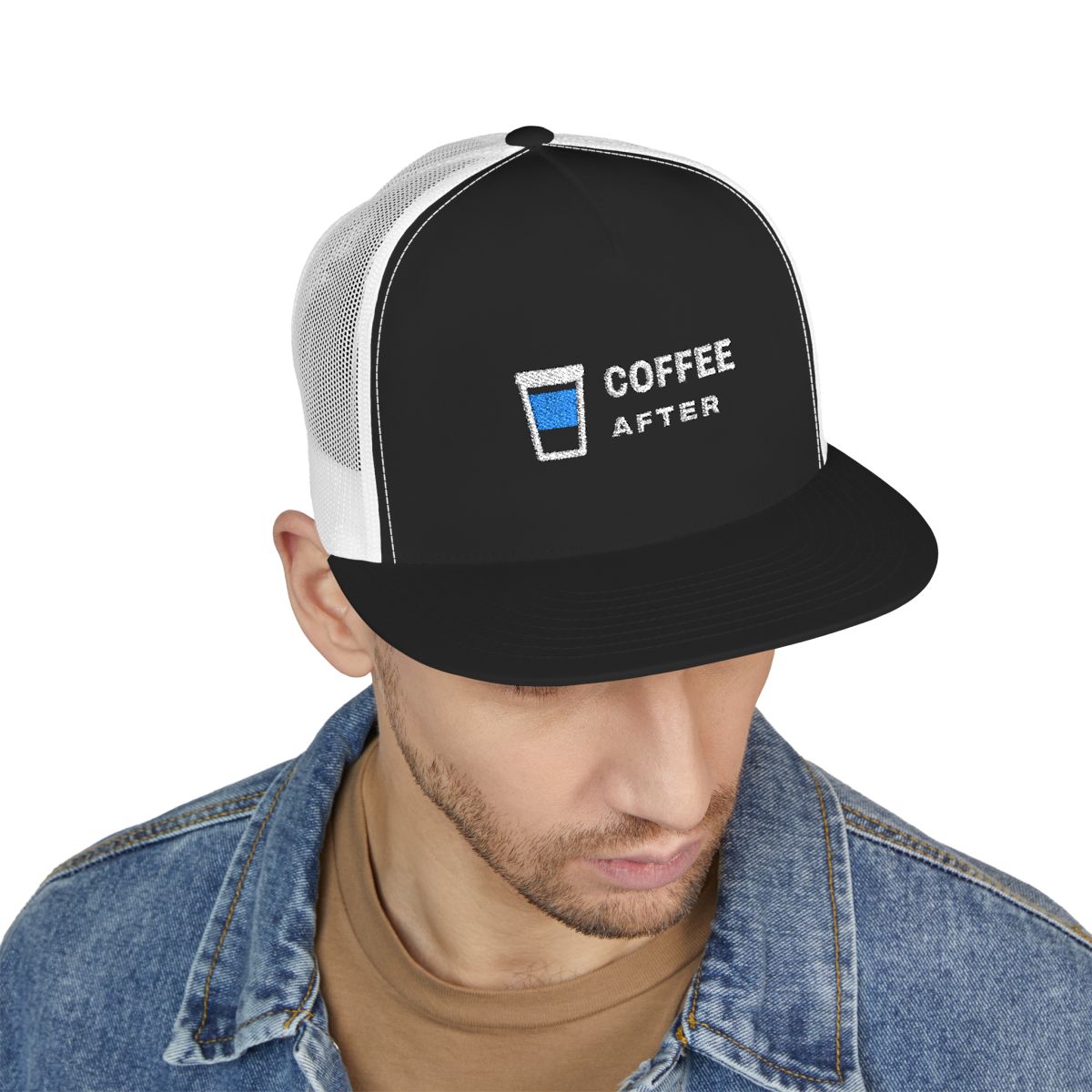 Coffee After Trucker Cap in Black/White, on model