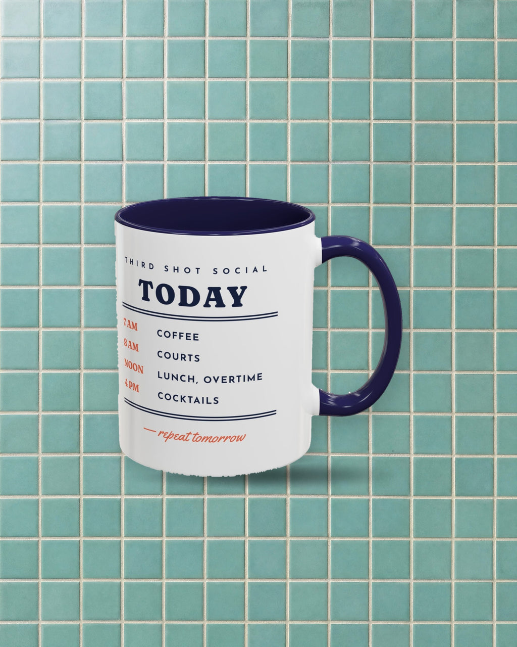 Coffee, Courts, Cocktails Mug in Navy, styled