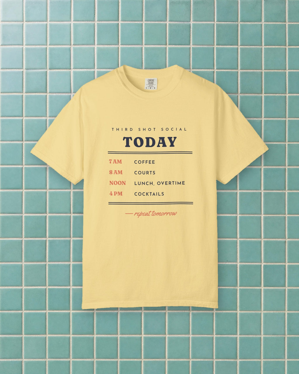 Coffee, Courts, Cocktails Tee in Butter, styled