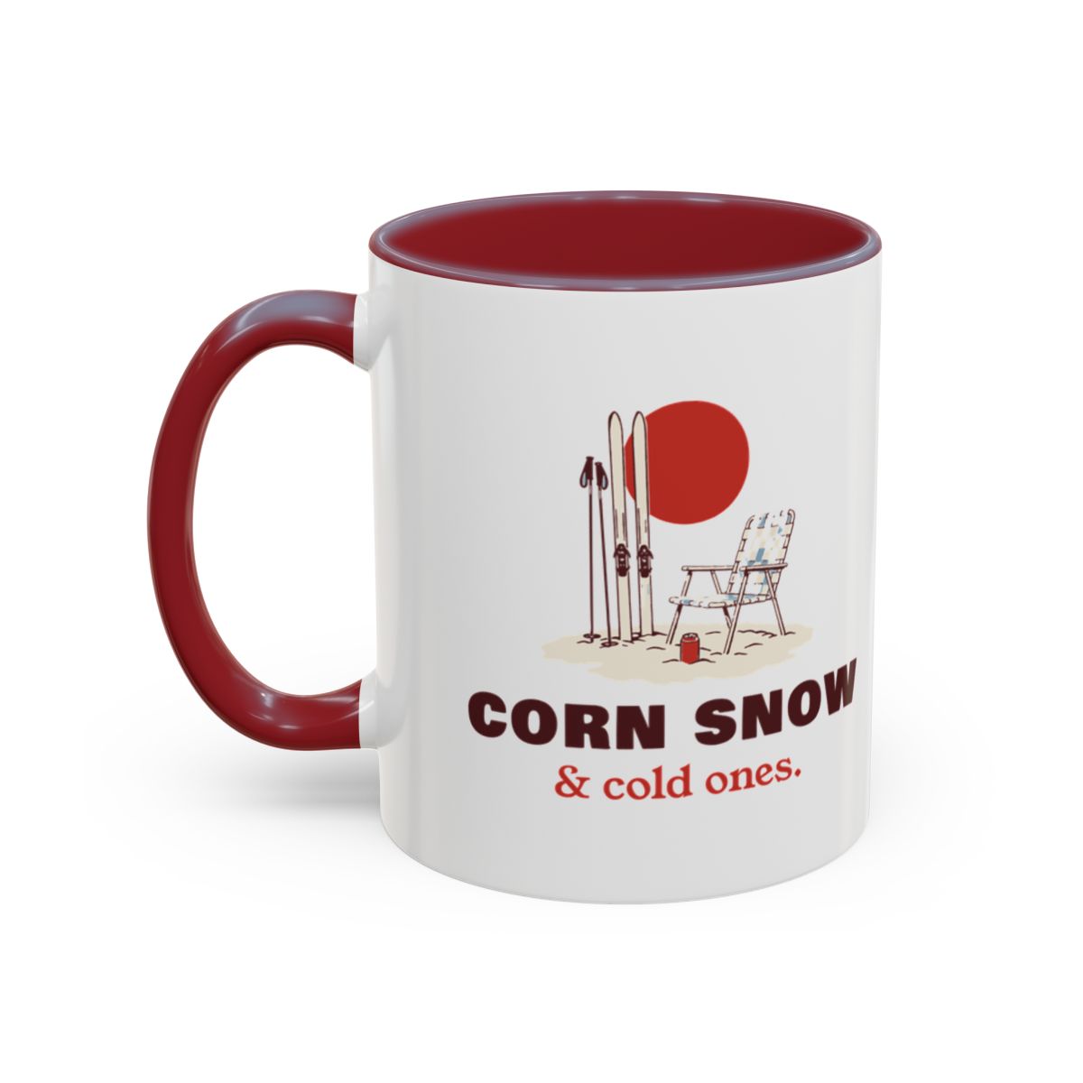 Corn Snow & Cold Ones Mug in Maroon, left side