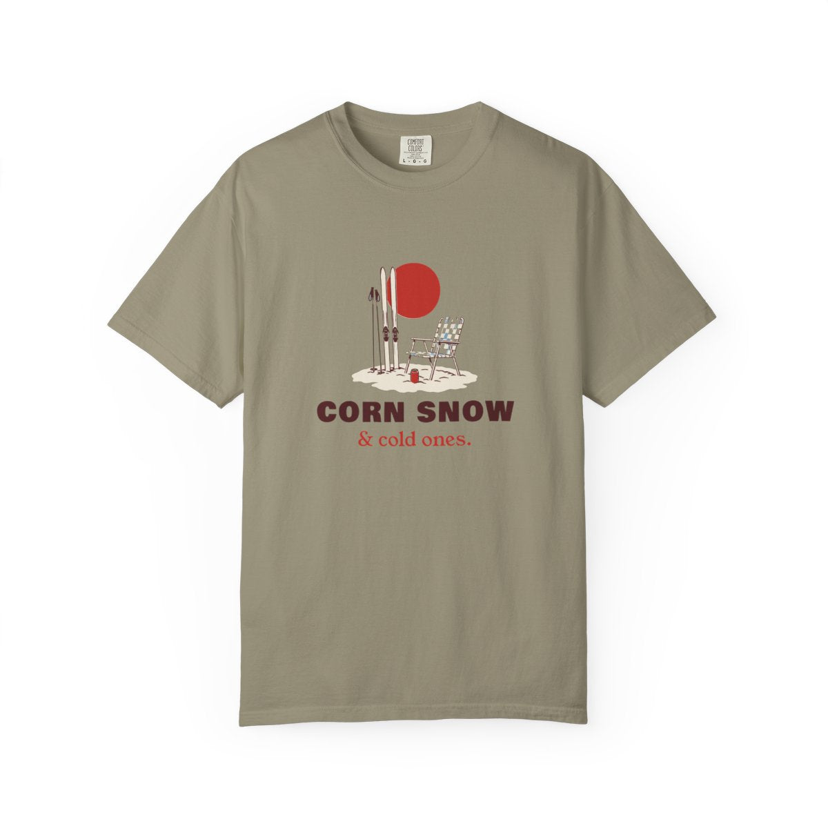 Corn Snow & Cold Ones Tee in Sandstone, front view