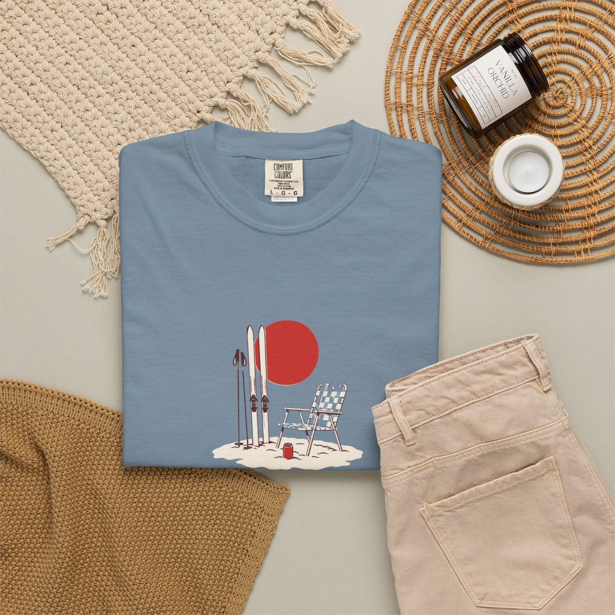 Corn Snow & Cold Ones Tee in Ice Blue, fabric and print detail