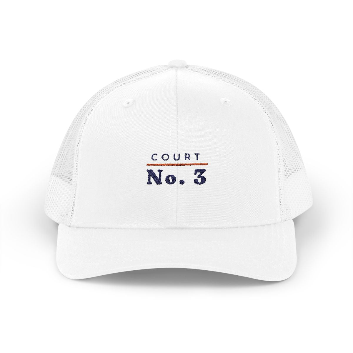 Court No. 3 Trucker Hat in White, front view