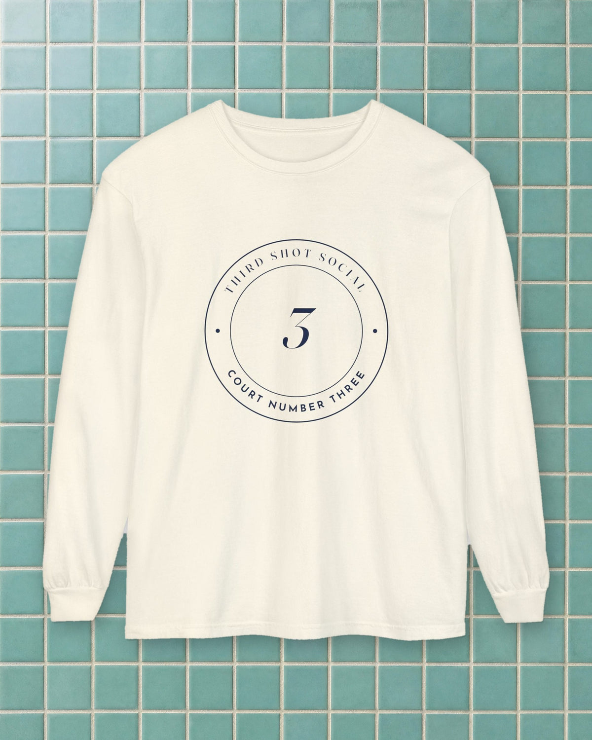 Court Three Seal Long Sleeve Tee in Ivory, styled