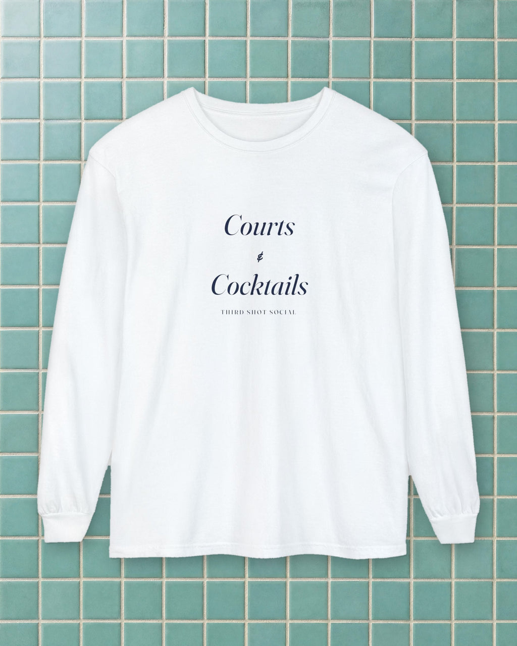 Courts & Cocktails Italic Long Sleeve Tee in White, styled