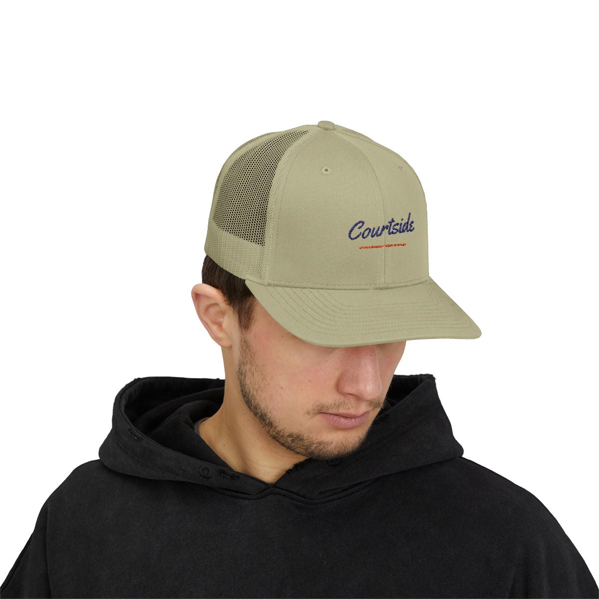 Courtside Trucker Hat in Khaki, on model