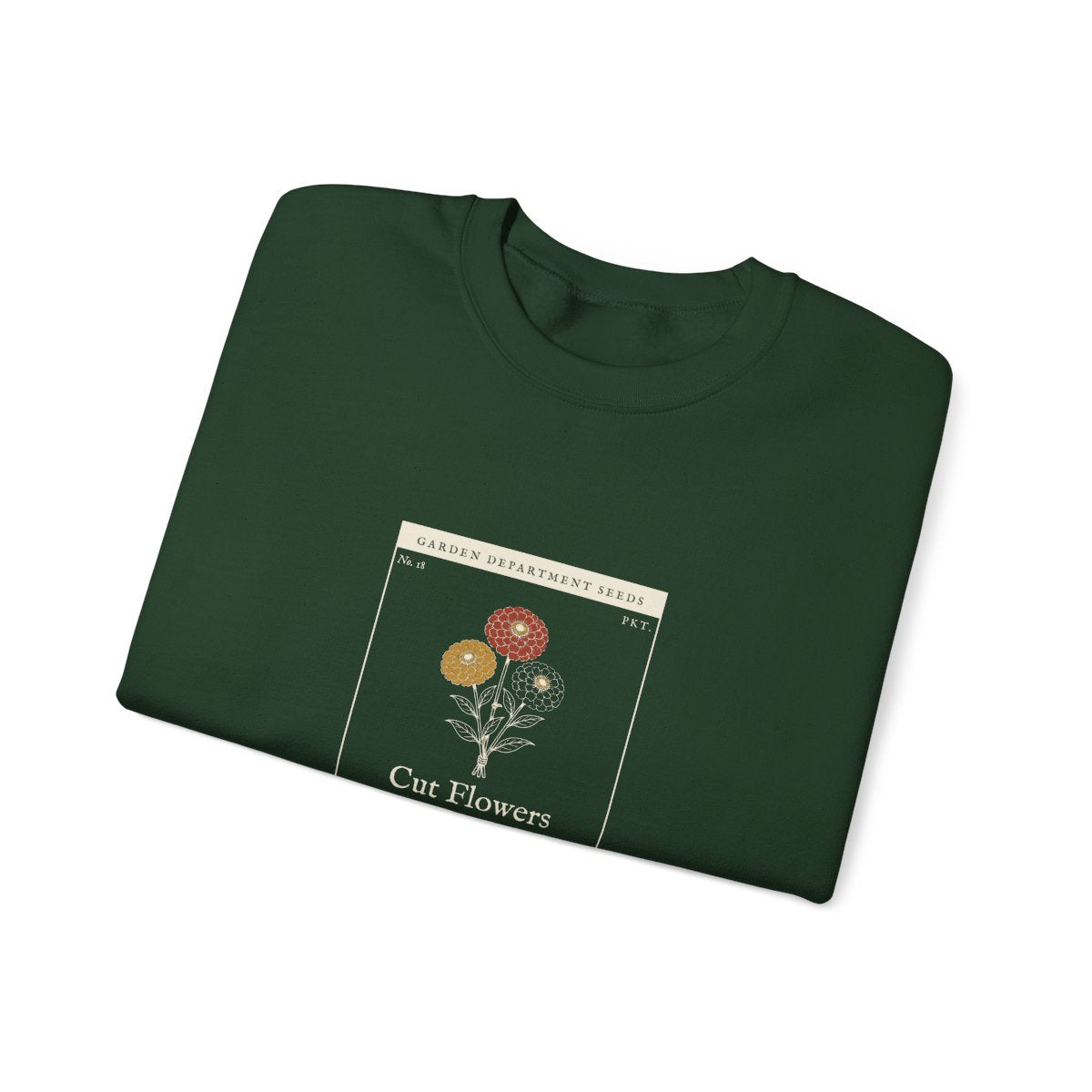 Cut Flower Garden Crewneck in Forest Green, folded
