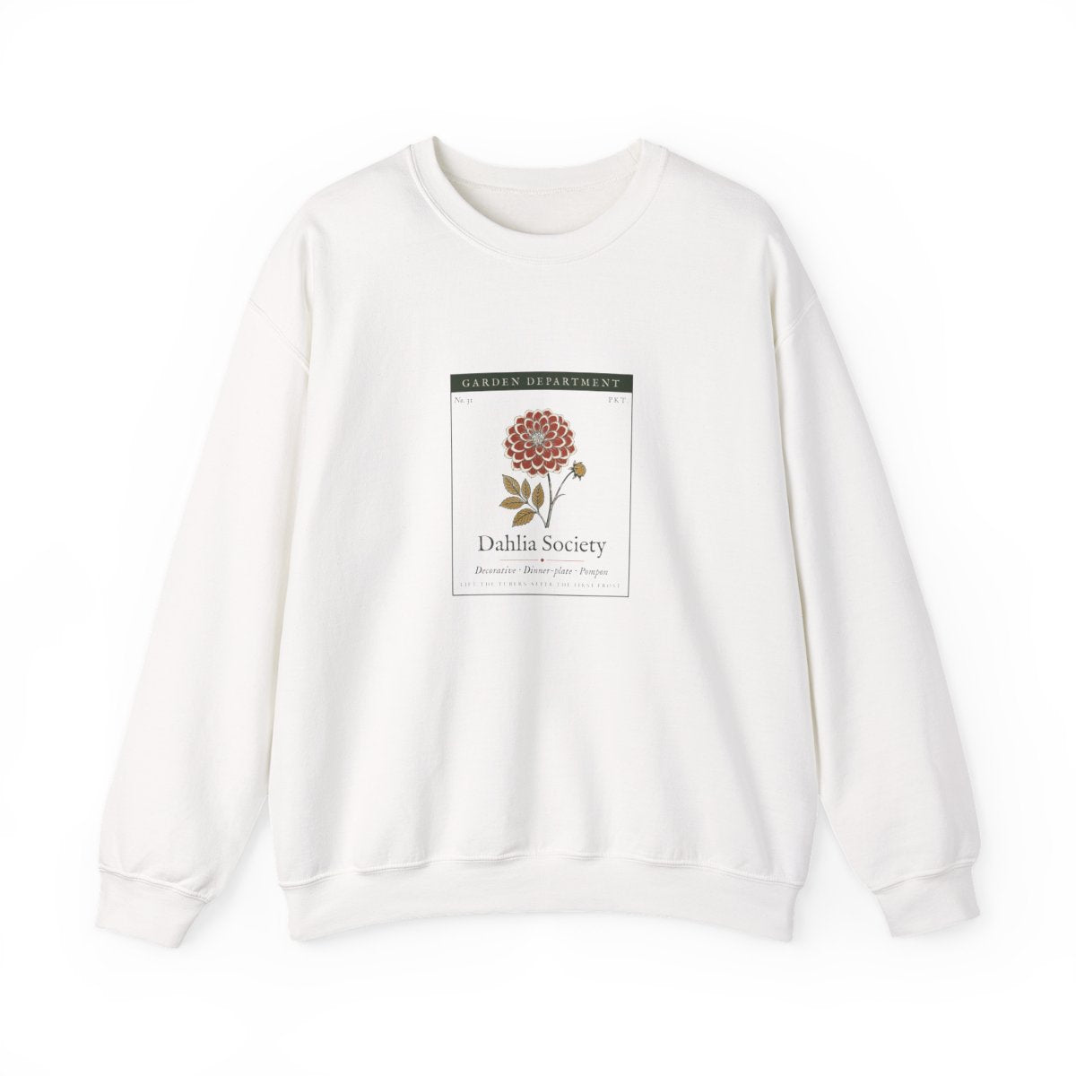 Dahlia Society Crewneck in White, front view
