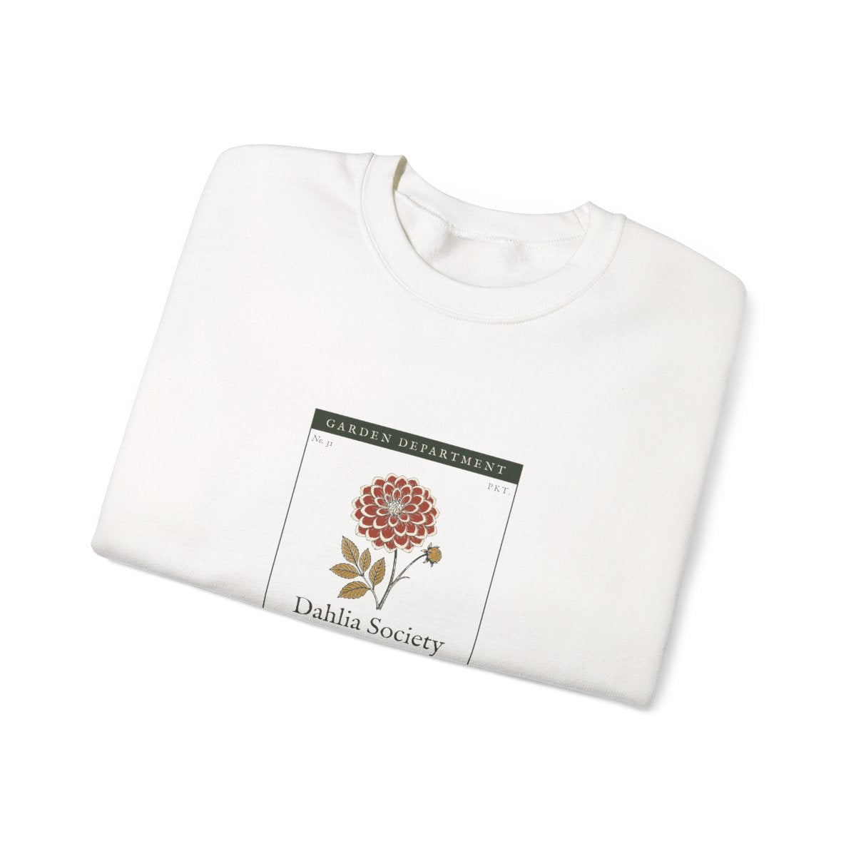Dahlia Society Crewneck in White, folded