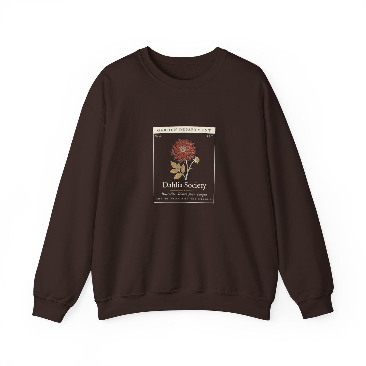 Dahlia Society Crewneck in Dark Chocolate, front view