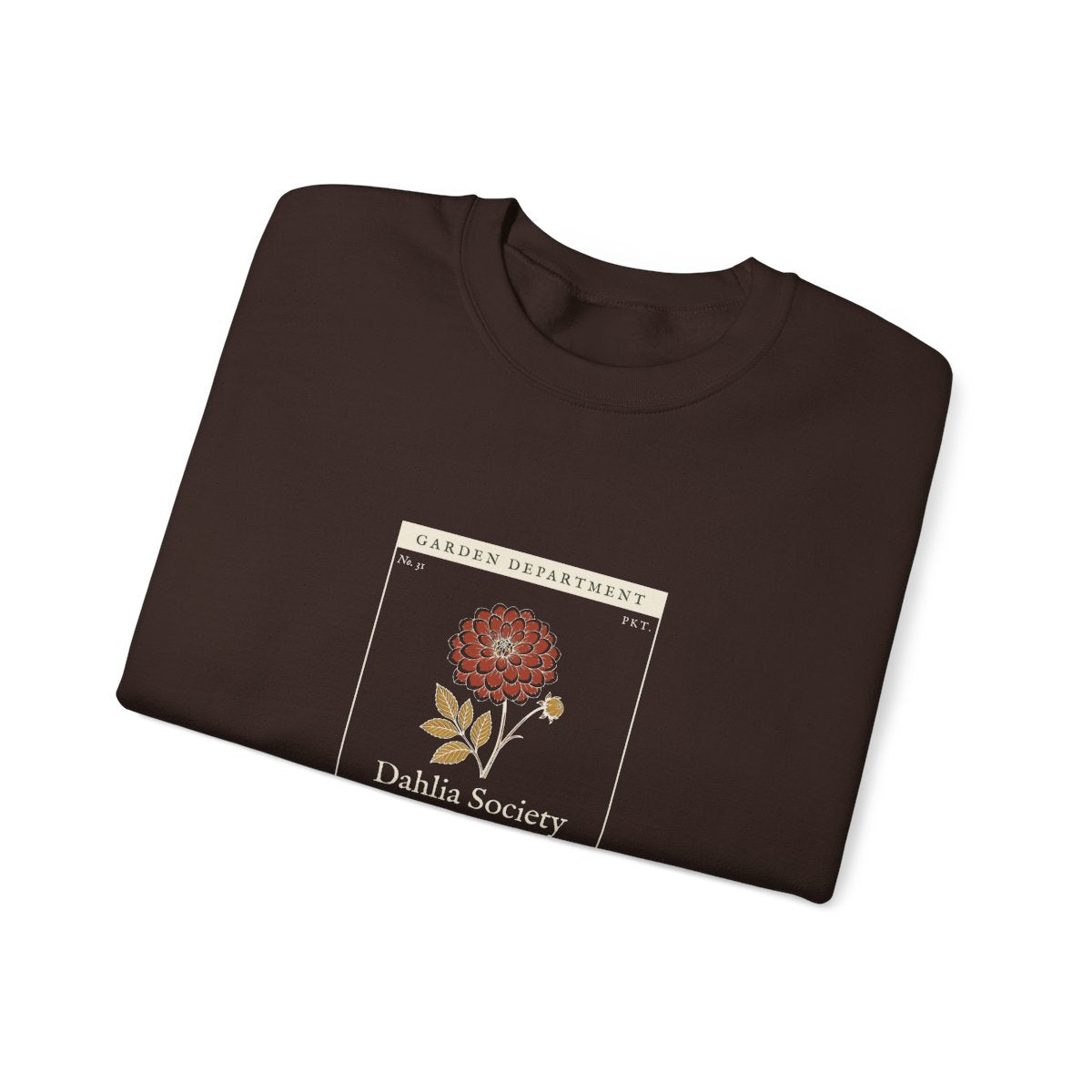 Dahlia Society Crewneck in Dark Chocolate, folded