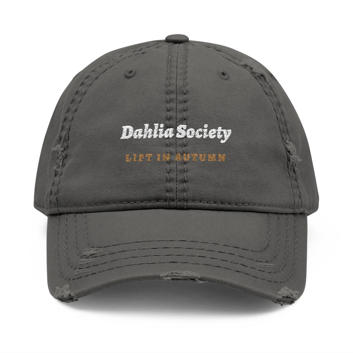 Dahlia Society Dad Hat in Charcoal Grey, front view