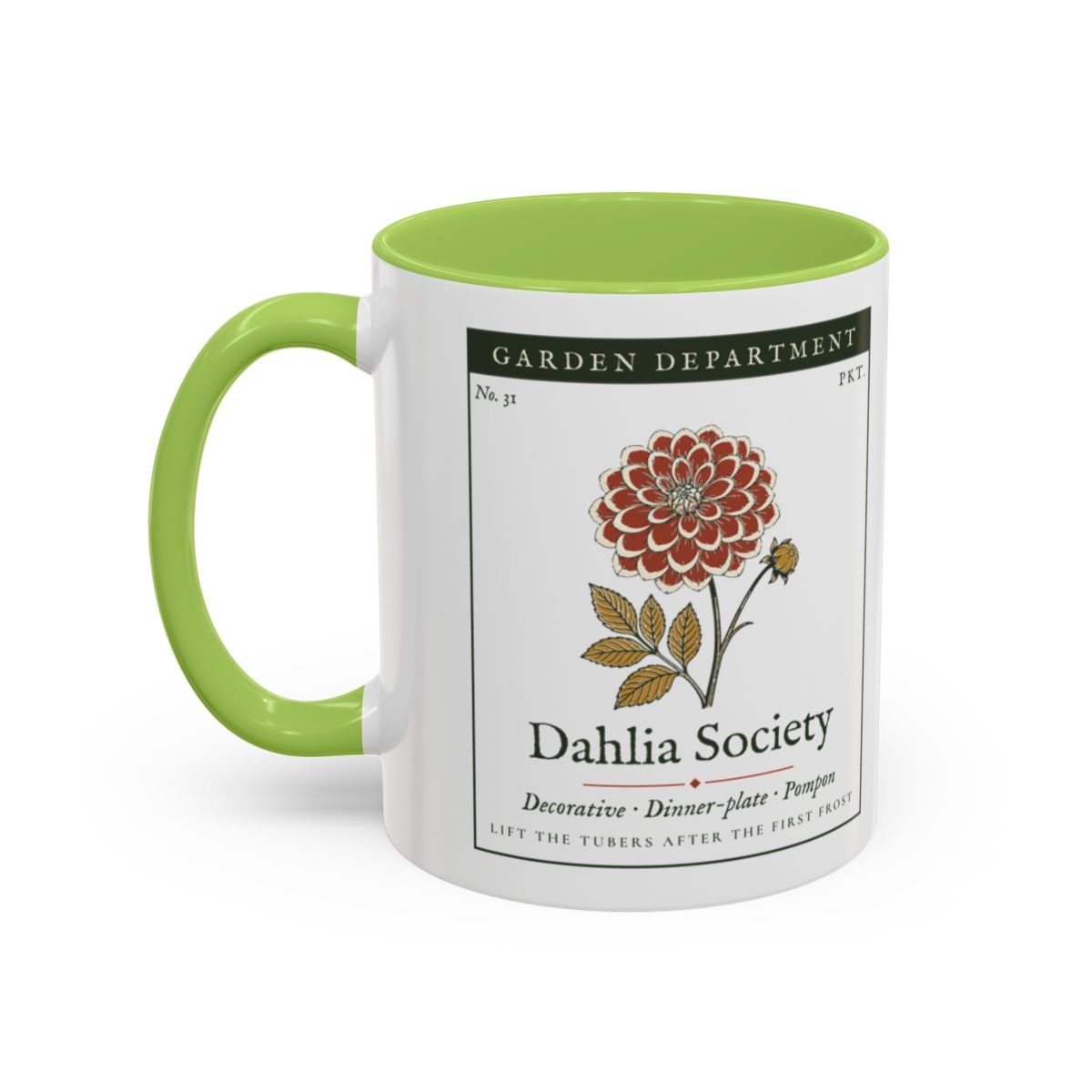 Dahlia Society Mug in Light Green, left side