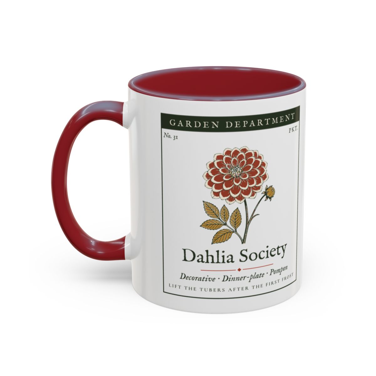 Dahlia Society Mug in Maroon, left side