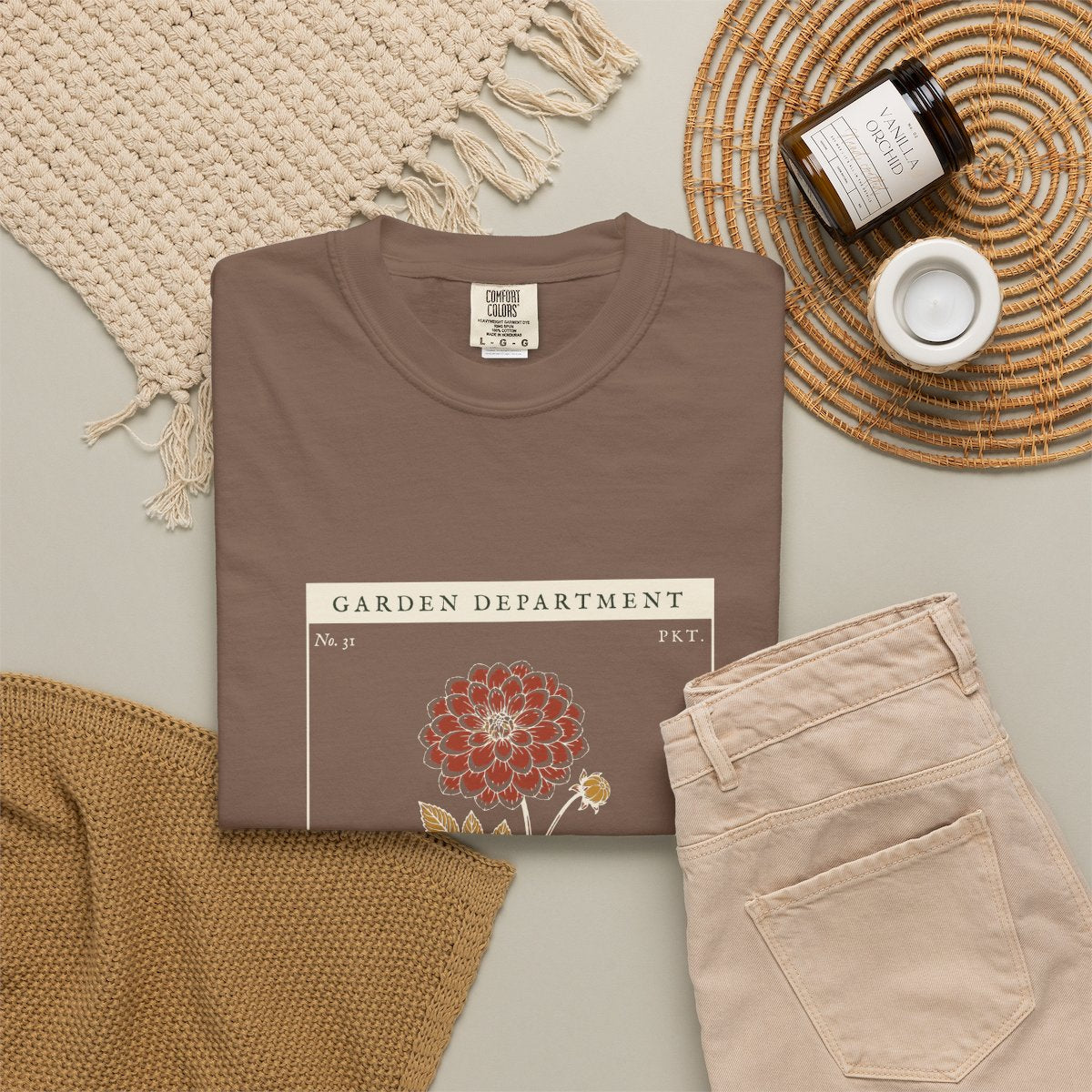 Dahlia Society Tee in Espresso, fabric and print detail