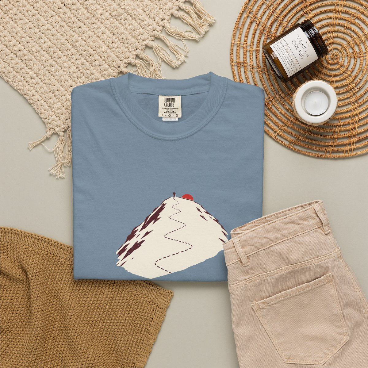 Dawn Patrol Tee in Ice Blue, fabric and print detail
