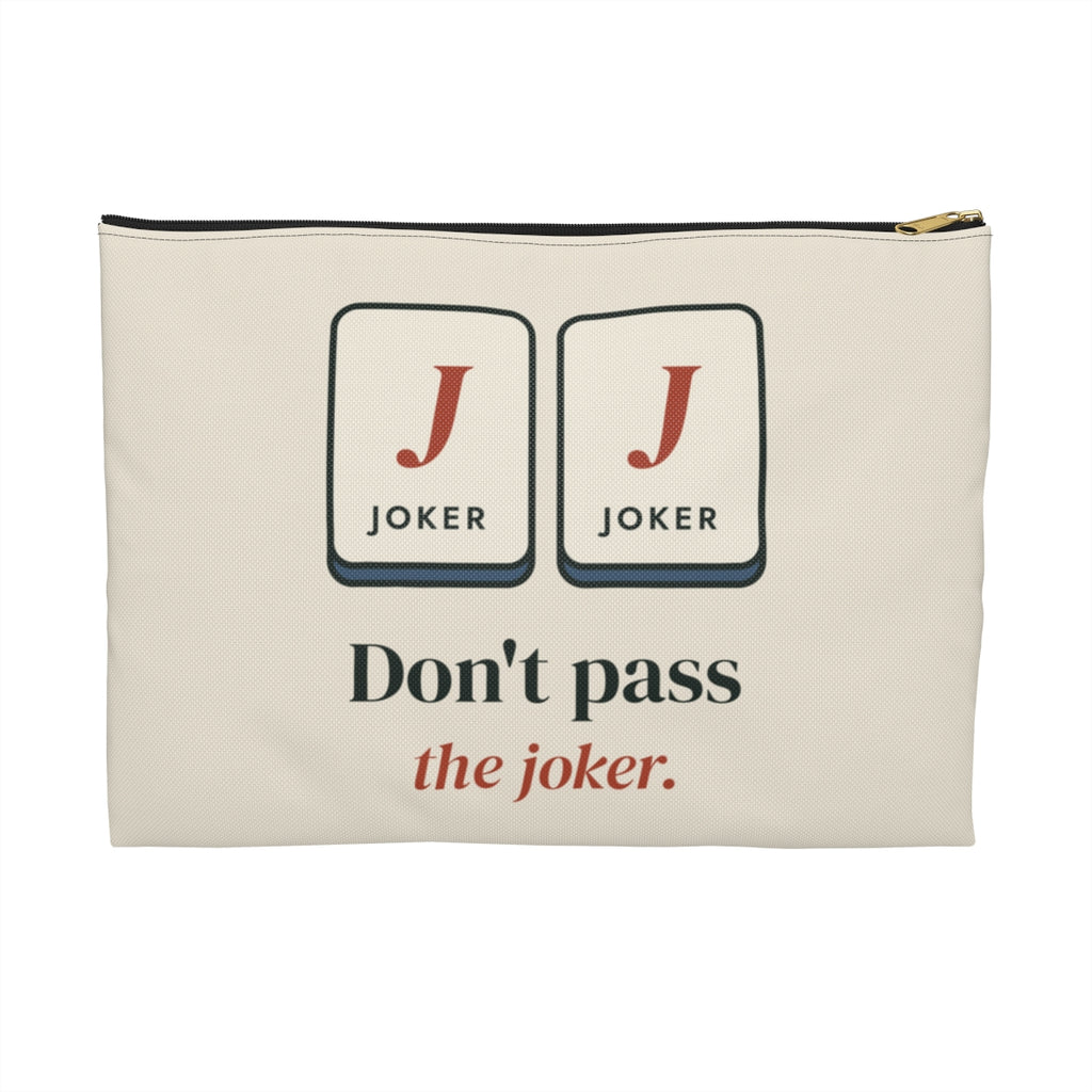 Don't Pass the Joker Zip Pouch in Black zipper, front view