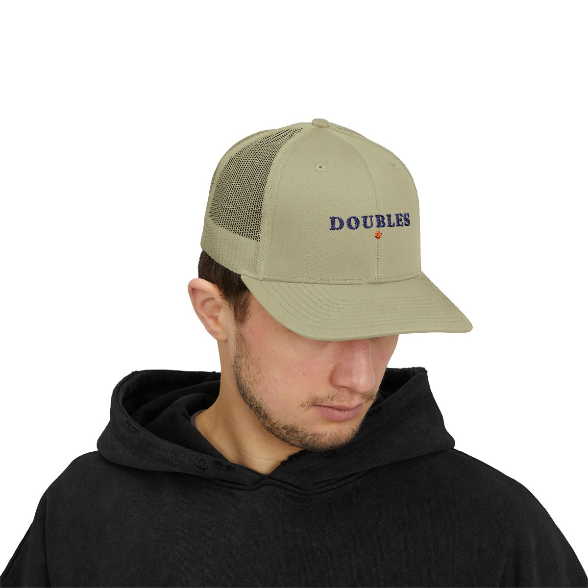 Doubles Trucker Hat in Khaki, on model