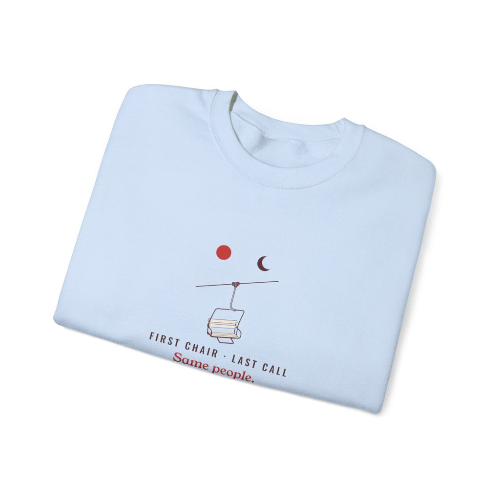 First Chair, Last Call Crewneck in Light Blue, folded