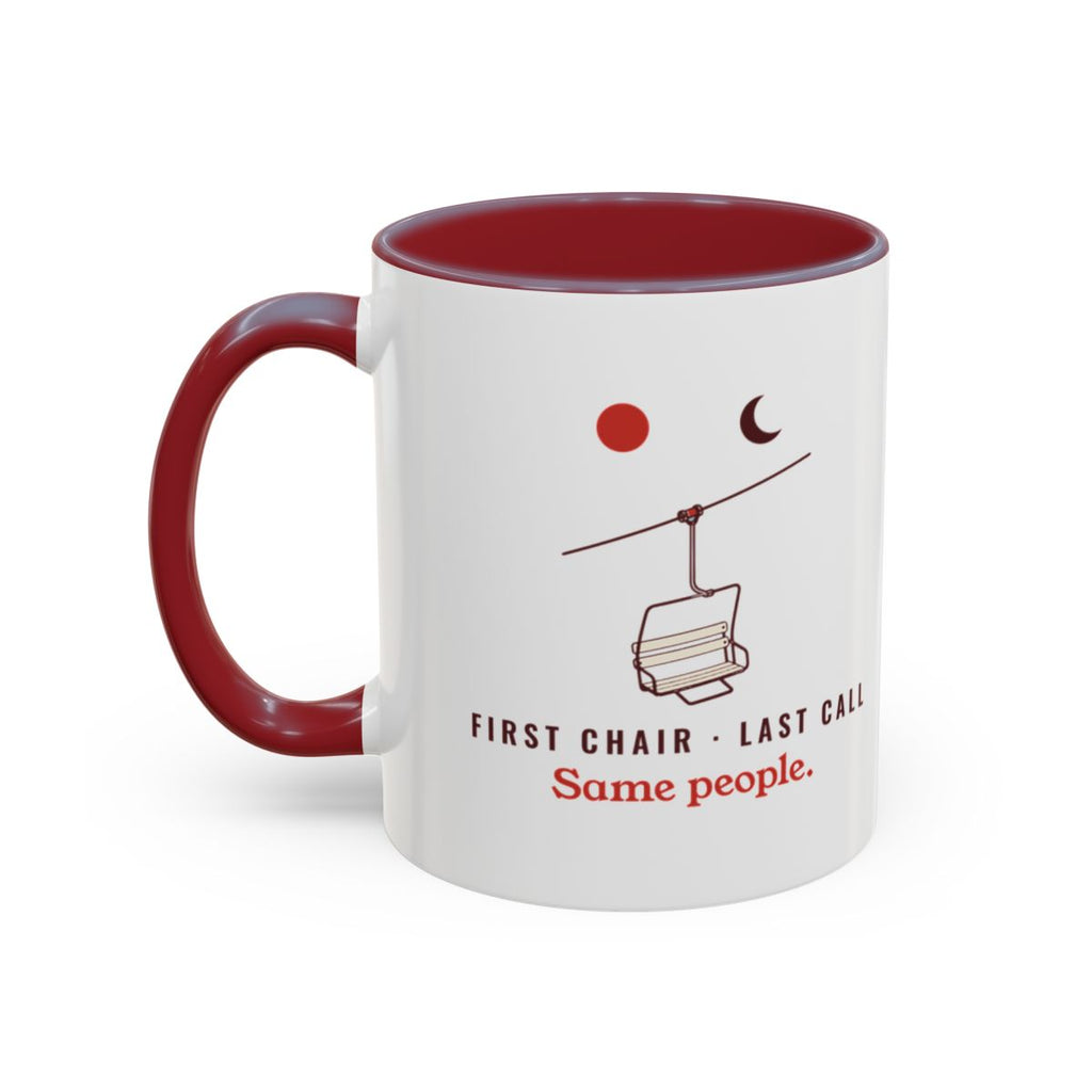 First Chair, Last Call Mug in Maroon, left side