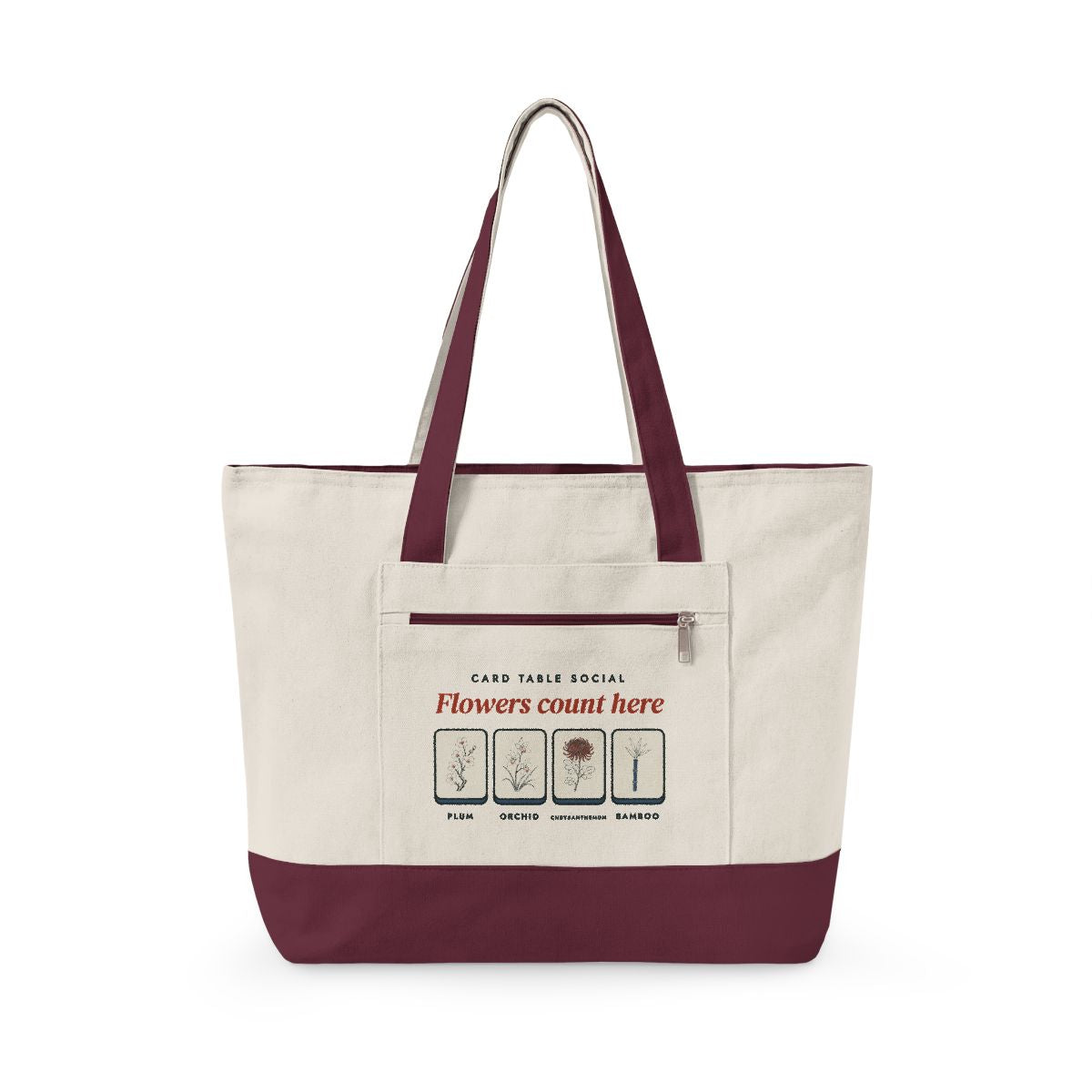 Flowers Count Here Mahj Bag in Natural/Maroon, front view
