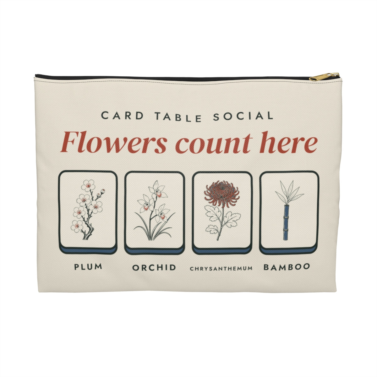 Flowers Count Here Zip Pouch in Black zipper, front view