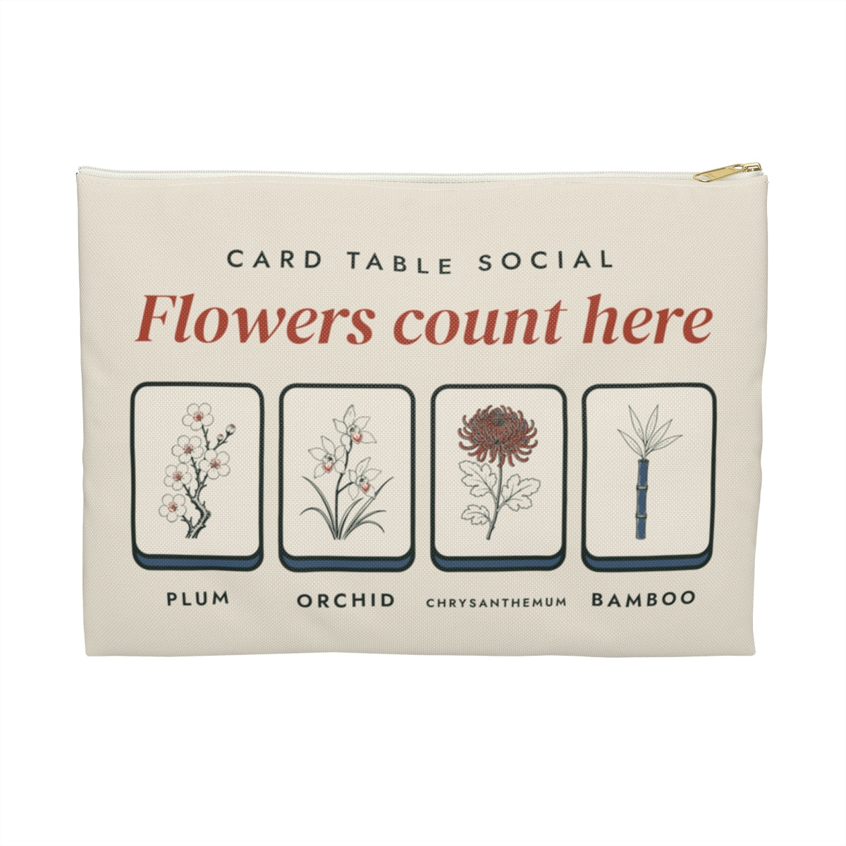 Flowers Count Here Zip Pouch in White zipper, front view