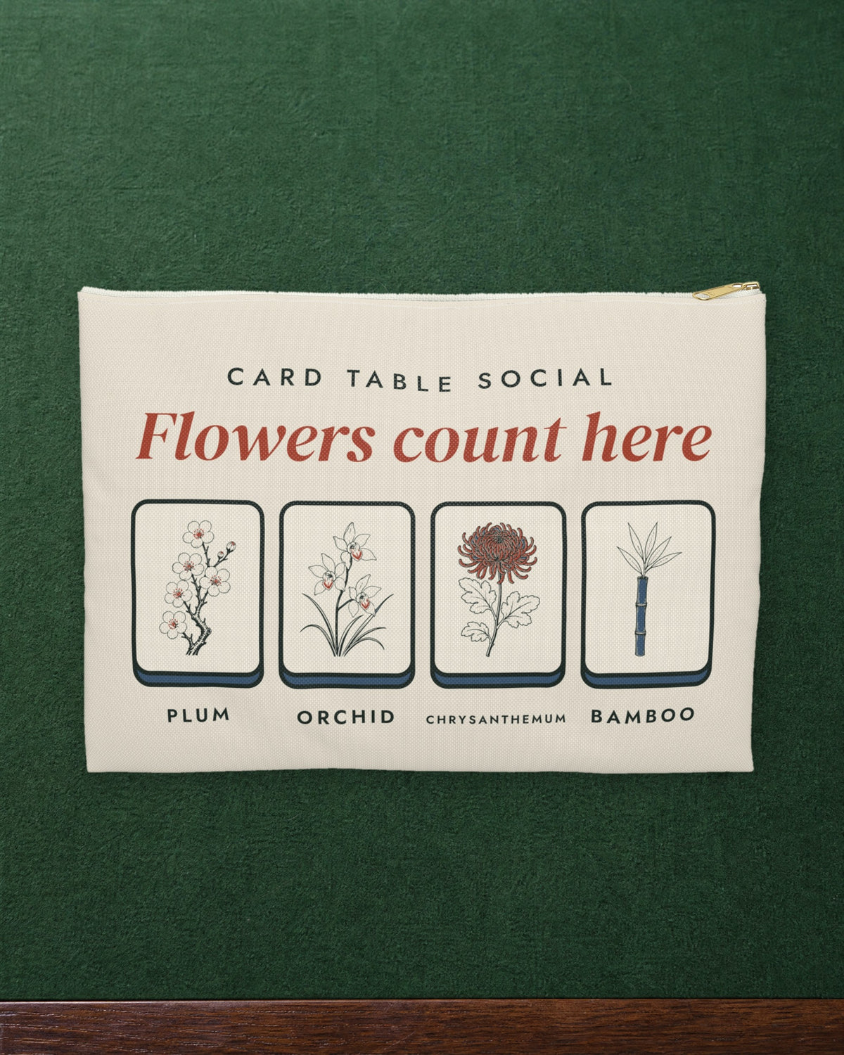 Flowers Count Here Zip Pouch in White zipper, styled