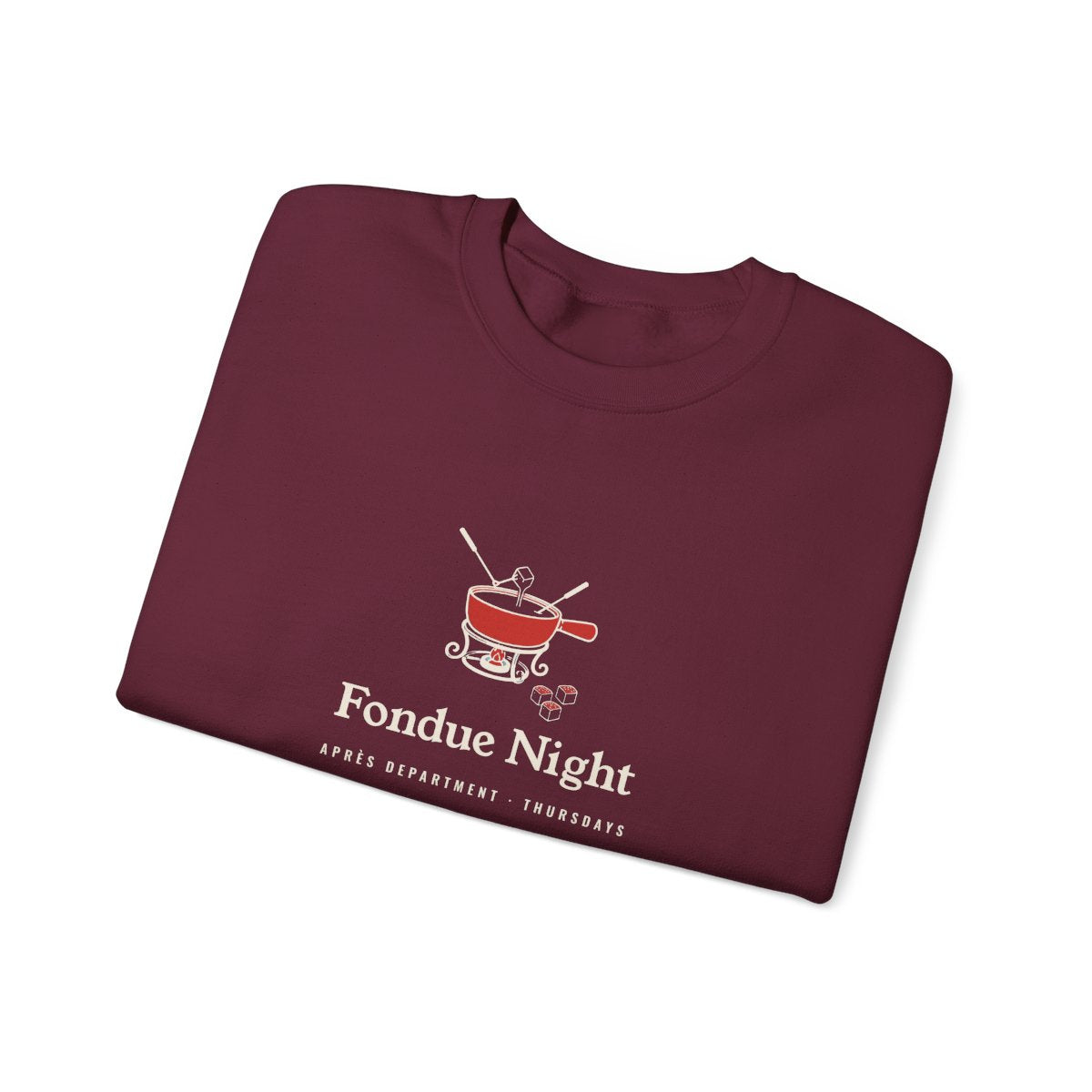 Fondue Night Crewneck in Maroon, folded