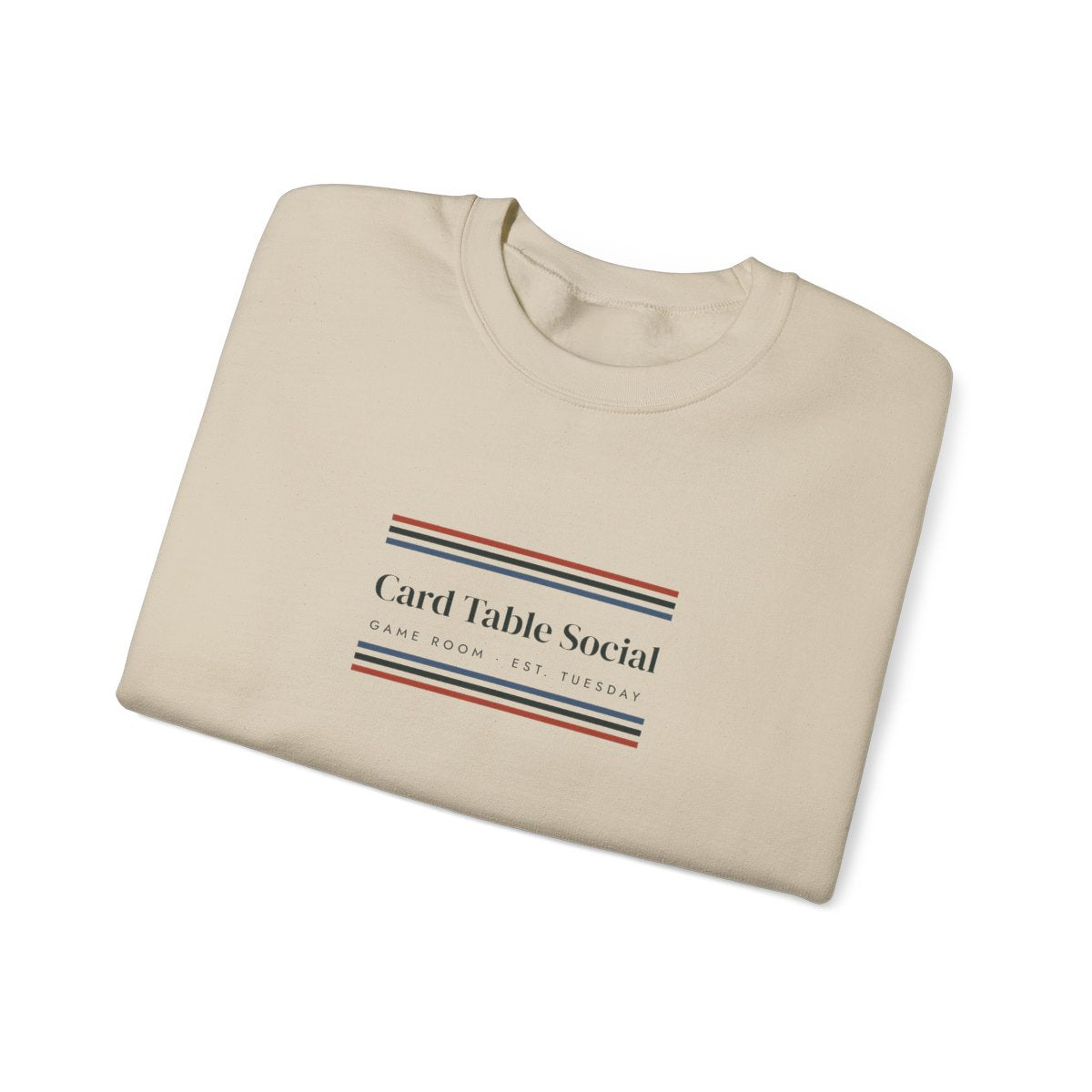 Game Room Stripe Crewneck in Sand, folded