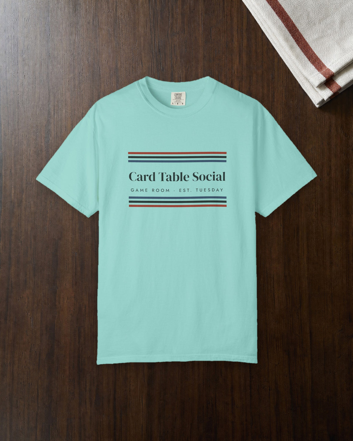 Game Room Stripe Tee in Chalky Mint, styled
