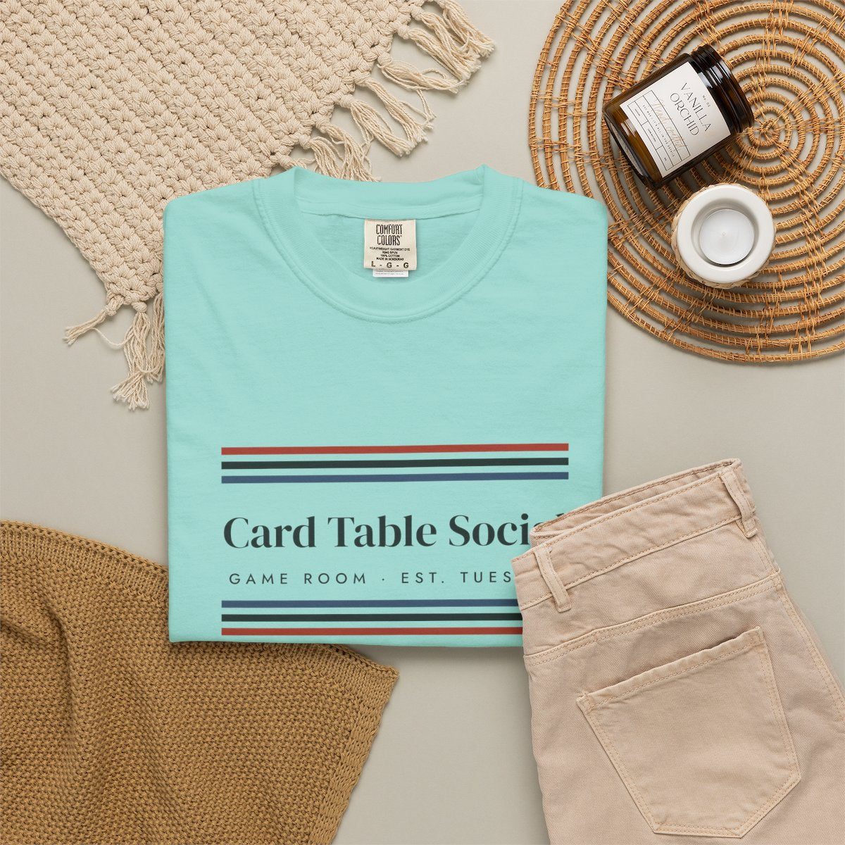 Game Room Stripe Tee in Chalky Mint, fabric and print detail