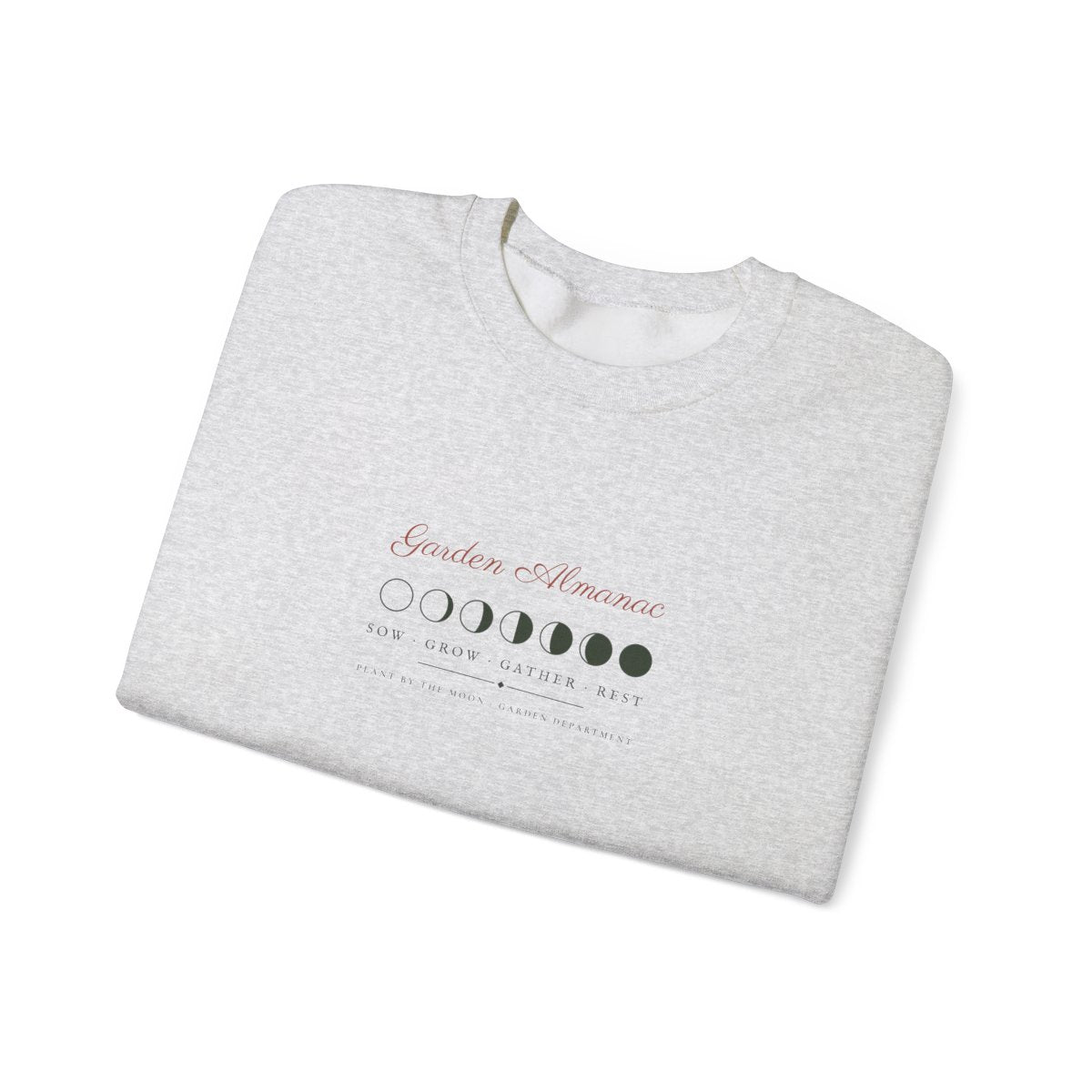 Garden Almanac Crewneck in Ash, folded