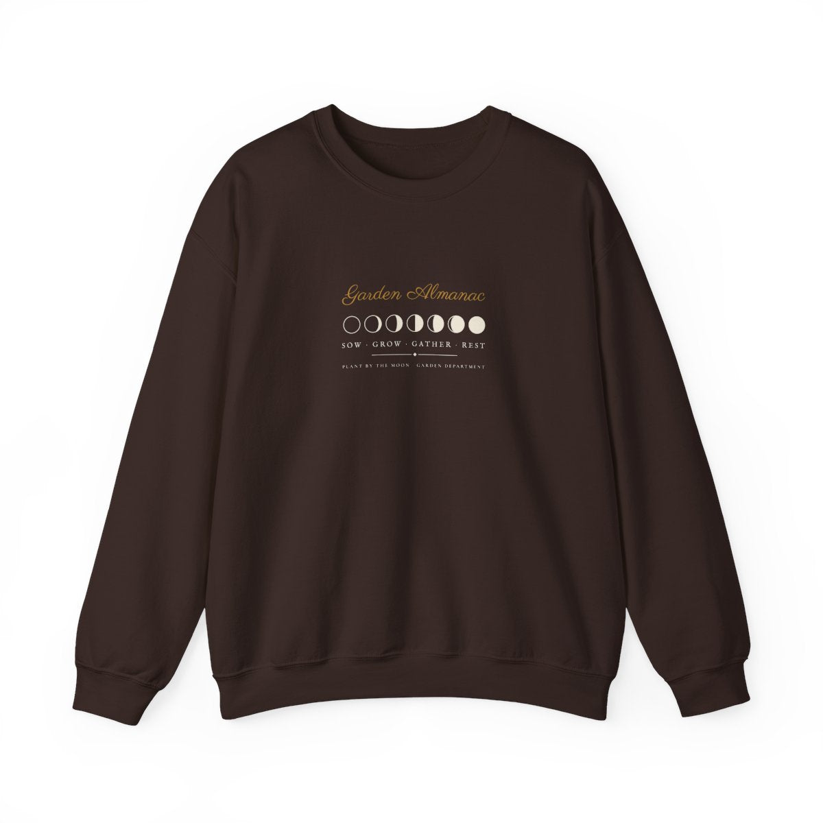 Garden Almanac Crewneck in Dark Chocolate, front view