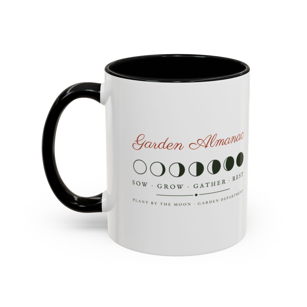 Garden Almanac Mug in Black, left side