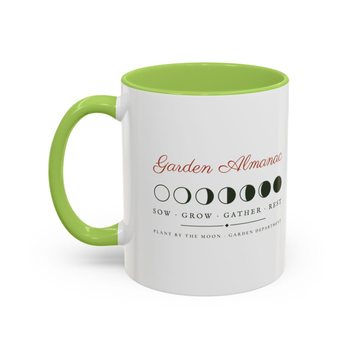 Garden Almanac Mug in Light Green, left side