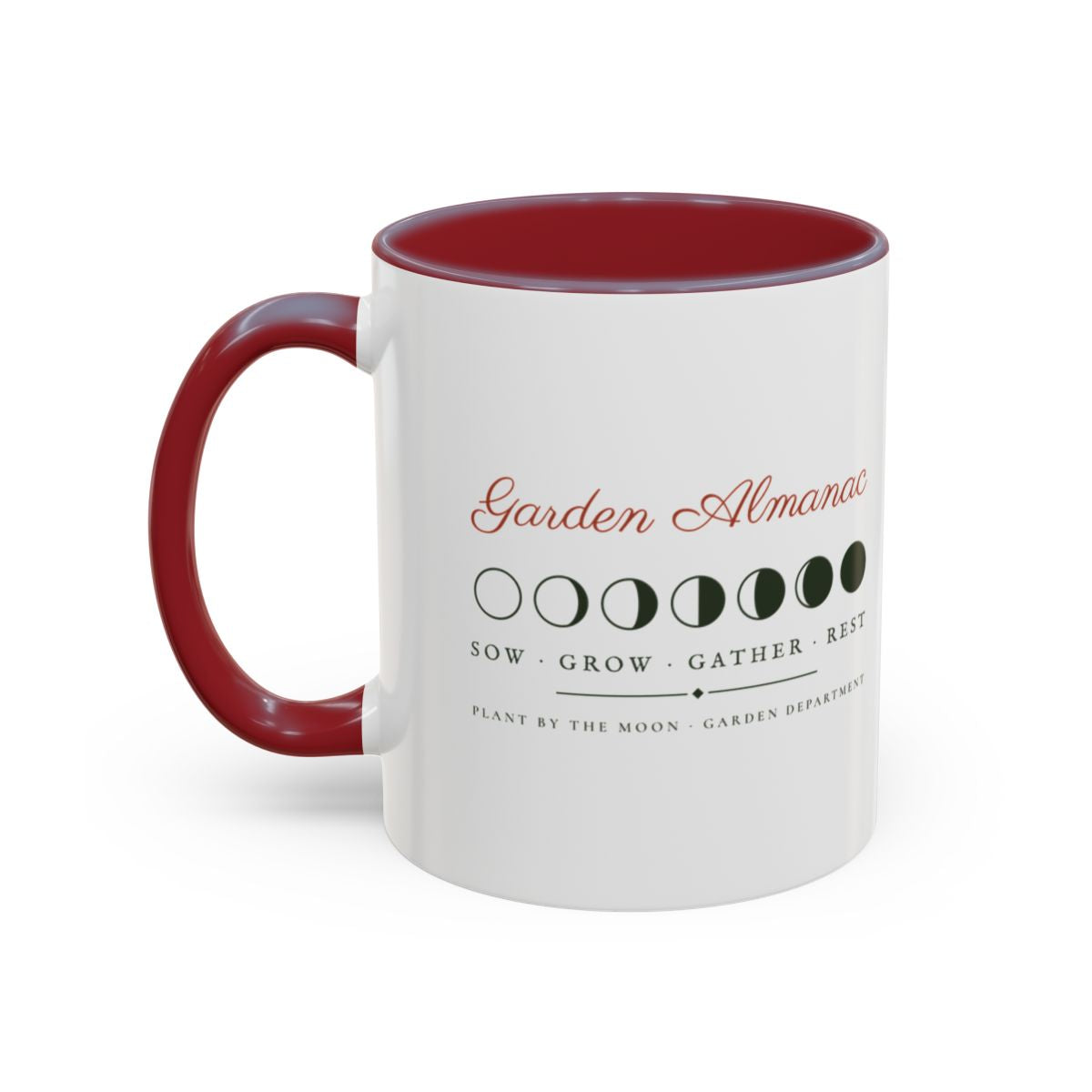 Garden Almanac Mug in Maroon, left side