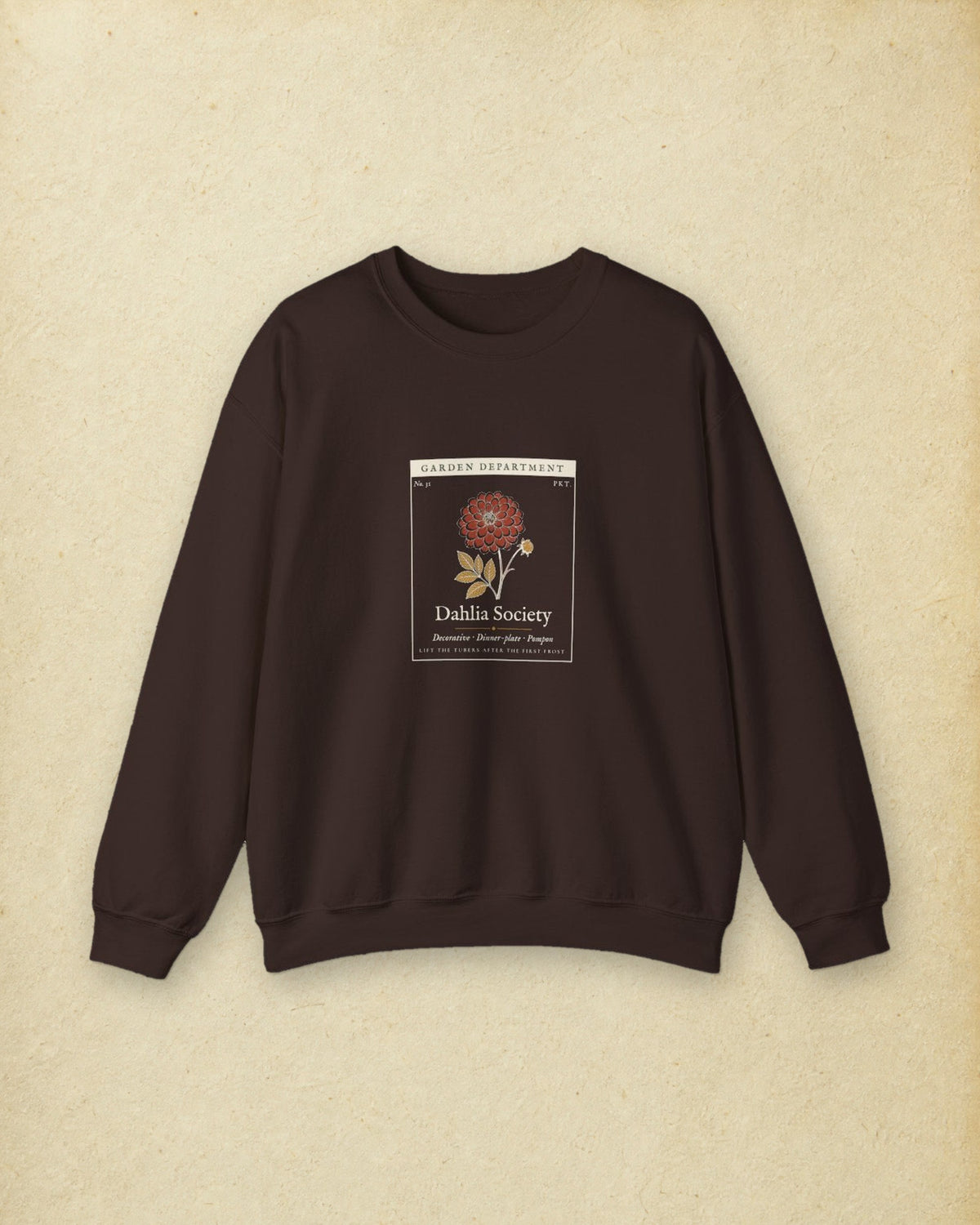 Dahlia Society Crewneck in Dark Chocolate, styled